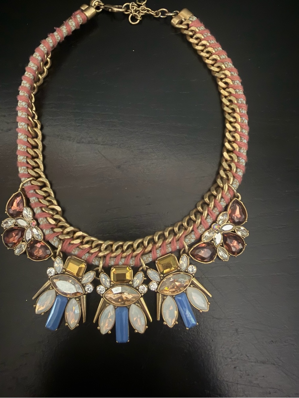 J. Crew Pink Rope and Gold Multi-Stone Bib Necklace with Blue Accents